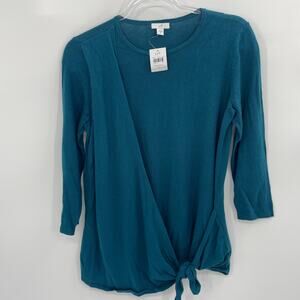 New J JILL Faux Wrap Knit Side Tie Pullover Top Size XS 3/4 Sleeve Persian Blue